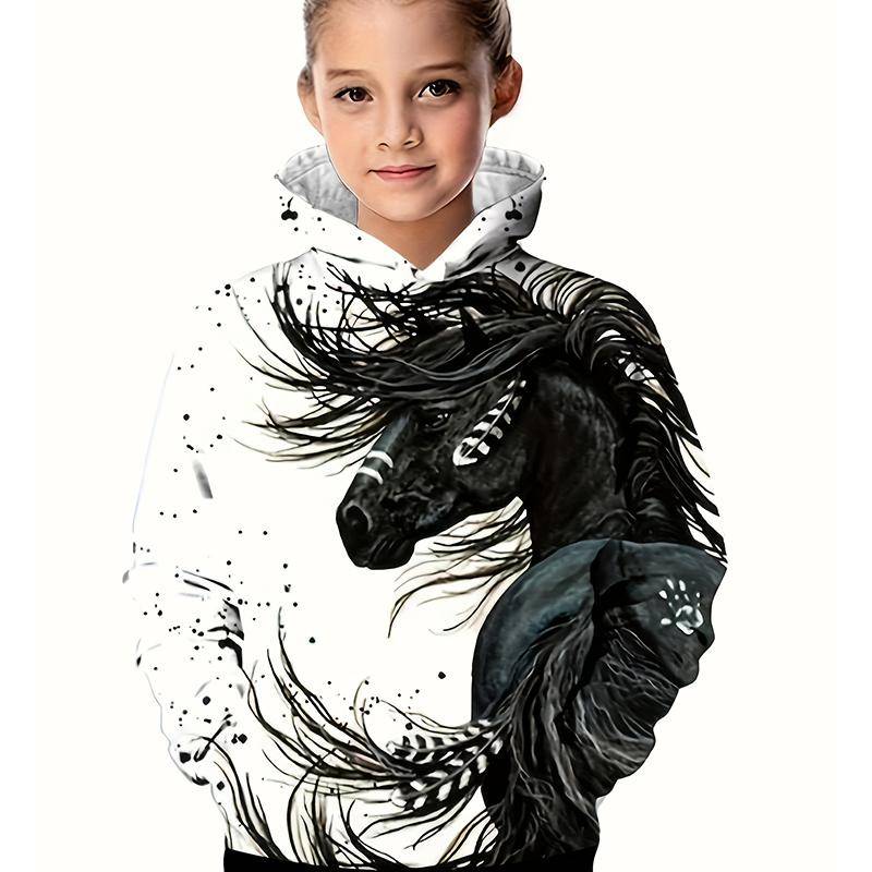 2024 Hoodies mit 3D-Druck und Pferden-Grafik für Mädchen und Jungen, lässiger Pullover, langärmeliger Kapuzenpullover für Jungen und Mädchen, Sweatshirt für Kinder, Kapuzenpullover 140CM von Joom DACH