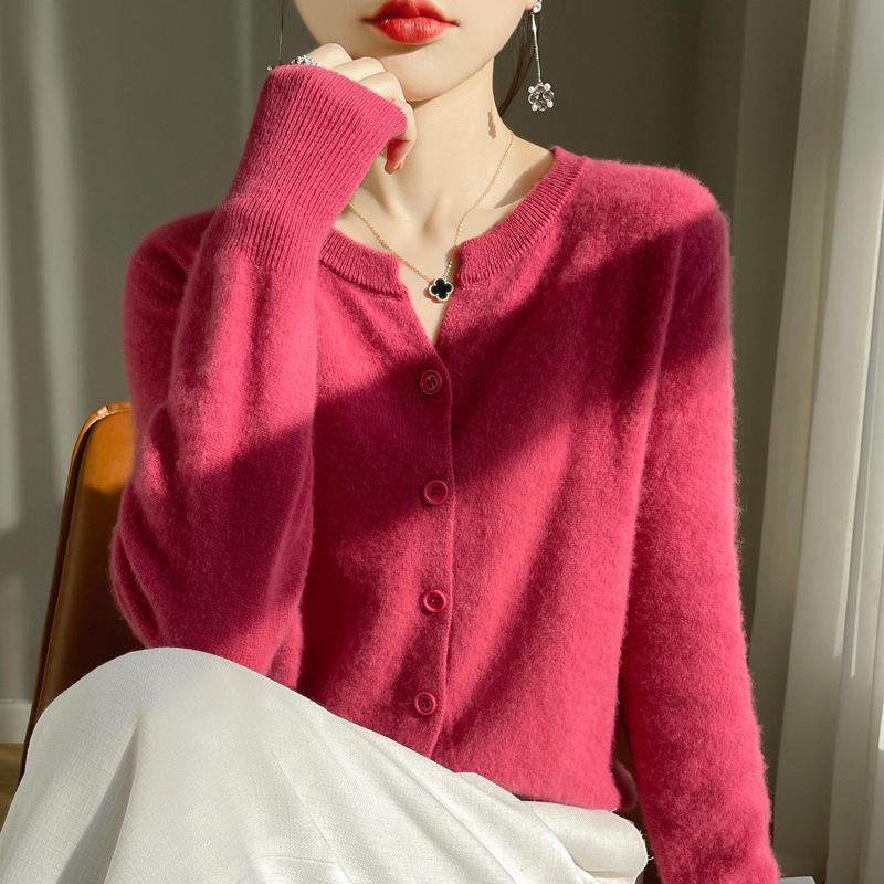 2024 Kaschmir-Cardigan mit V-Ausschnitt: Vielseitiger Langarmpullover für Damen für Frühling, Herbst & Winter M himbeer-farbe/rot von Joom DACH