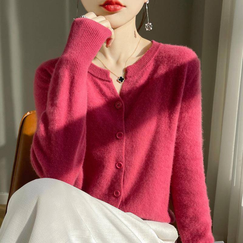 2024 Kaschmir-Cardigan mit V-Ausschnitt: Vielseitiger Langarmpullover für Damen für Frühling, Herbst & Winter M himbeer-farbe/rot von Joom DACH