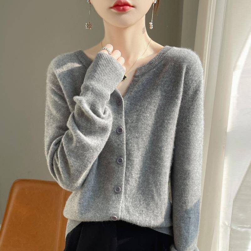 2024 Kaschmir-Cardigan mit V-Ausschnitt: Vielseitiger Langarmpullover für Damen für Frühling, Herbst & Winter XXL grau von Joom DACH