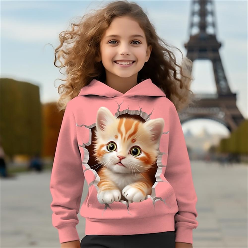 2024 Kinderkleidung Katzen Hoodies Pullover Oberbekleidung Mädchenkleidung 2 bis 8 Jahre Frühlingsmode 3D-Druck Kinder Langarmshirts 100 von Joom DACH