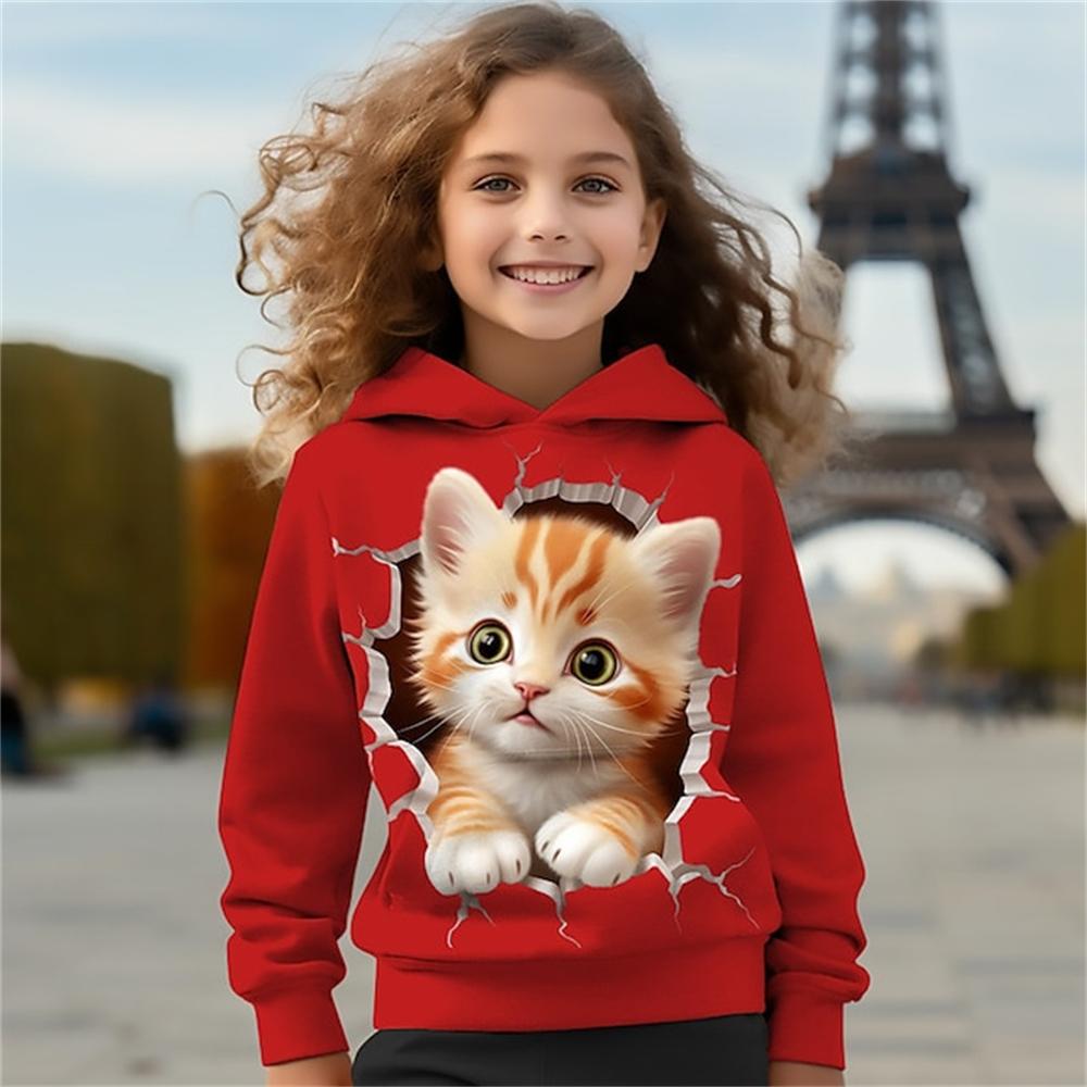 2024 Kinderkleidung Katzen Hoodies Pullover Oberbekleidung Mädchenkleidung 2 bis 8 Jahre Frühlingsmode 3D-Druck Kinder Langarmshirts 110 von Joom DACH