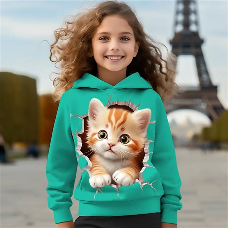 2024 Kinderkleidung Katzen Hoodies Pullover Oberbekleidung Mädchenkleidung 2 bis 8 Jahre Frühlingsmode 3D-Druck Kinder Langarmshirts 140 von Joom DACH