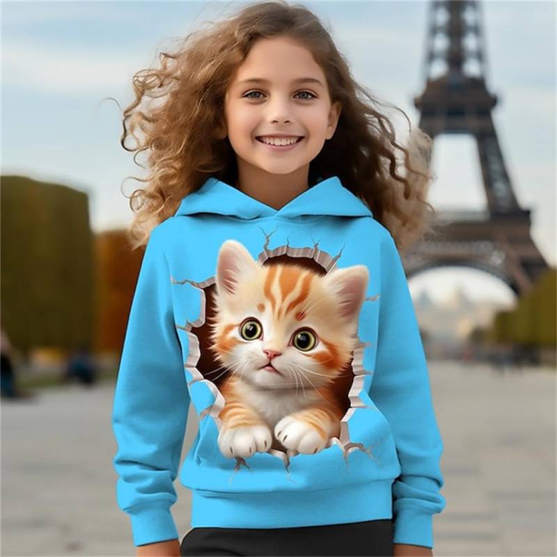 2024 Kinderkleidung Katzen Hoodies Pullover Oberbekleidung Mädchenkleidung 2 bis 8 Jahre Frühlingsmode 3D-Druck Kinder Langarmshirts 160 von Joom DACH