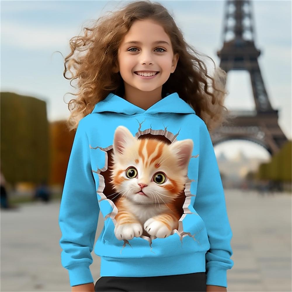 2024 Kinderkleidung Katzen Hoodies Pullover Oberbekleidung Mädchenkleidung 2 bis 8 Jahre Frühlingsmode 3D-Druck Kinder Langarmshirts 160 von Joom DACH