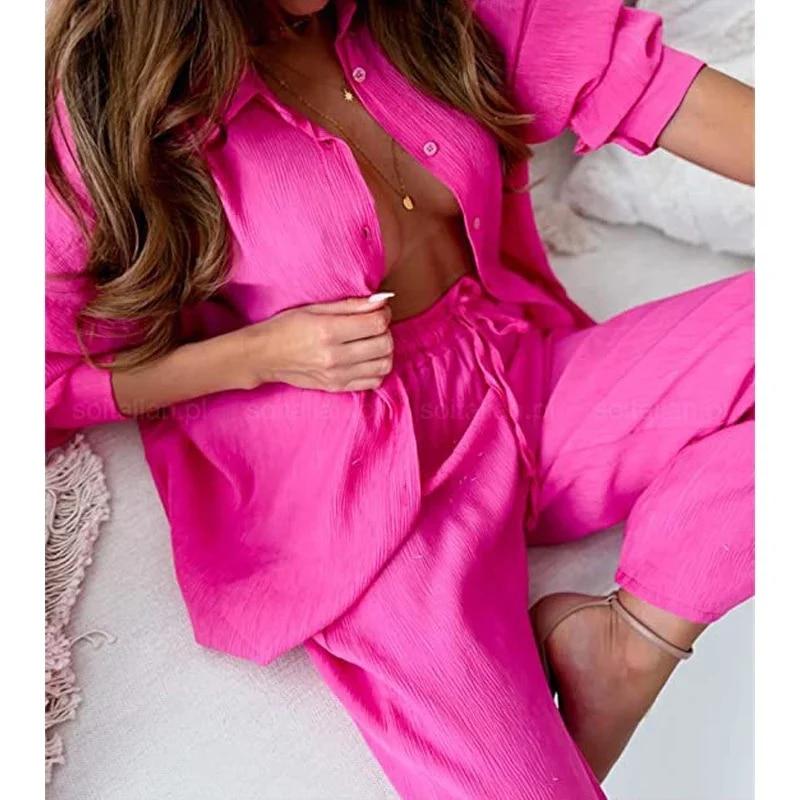 2024 Langarm Casual Shirt Frauen Breite Bein Hosen Set Zwei Stück Set Vintage Boho Casual Lose Arbeit Streetwear Y2k outfits 30348 4XL von Joom DACH