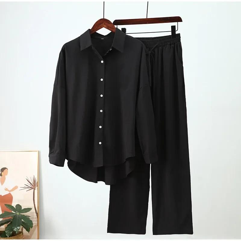 2024 Langarm Casual Shirt Frauen Breite Bein Hosen Set Zwei Stück Set Vintage Boho Casual Lose Arbeit Streetwear Y2k outfits 30348 5XL schwarz von Joom DACH