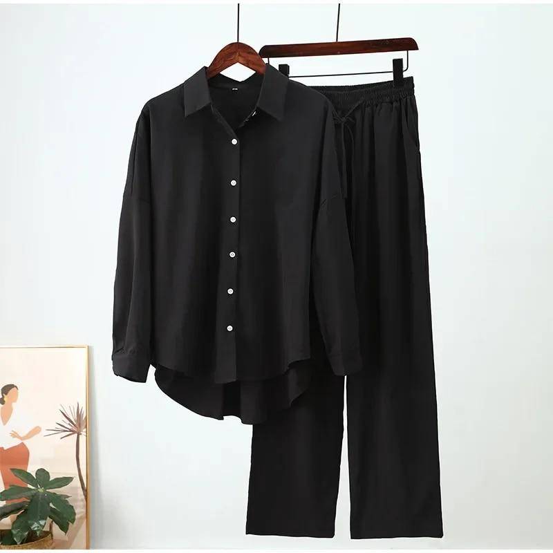 2024 Langarm Casual Shirt Frauen Breite Bein Hosen Set Zwei Stück Set Vintage Boho Casual Lose Arbeit Streetwear Y2k outfits 30348 5XL schwarz von Joom DACH