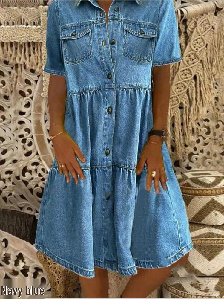2024 Multi-Knopf Midi Denimkleid mit Taschen - Kurzarm XXL dunkelblaue von Joom DACH