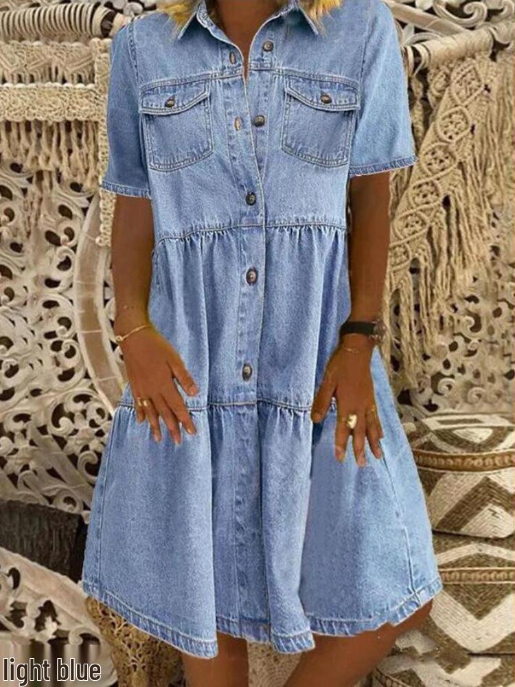 2024 Multi-Knopf Midi Denimkleid mit Taschen - Kurzarm XXXL hellblaue von Joom DACH