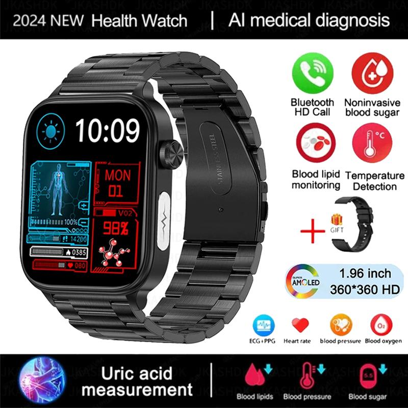 2024 Neue EKG + PPG Harnsäure Nicht-invasive Smartwatch Männer Bluetooth Anruf Herzfrequenz Blutdruck Smart Watch Frauen Silicone+steel schwarz von Joom DACH