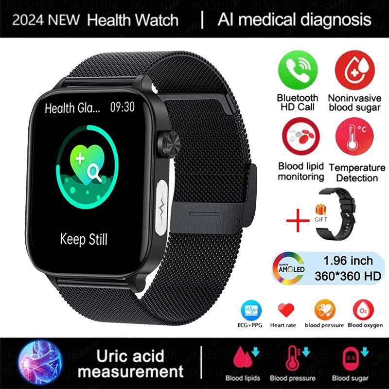 2024 Neue EKG + PPG Harnsäure Nicht-invasive Smartwatch Männer Bluetooth Anruf Herzfrequenz Blutdruck Smart Watch Frauen Silicone + Milan mesh schwarz von Joom DACH
