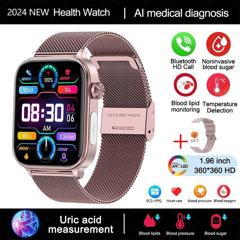 2024 Neue EKG + PPG Harnsäure Nicht-invasive Smartwatch Männer Bluetooth Anruf Herzfrequenz Blutdruck Smart Watch Frauen Silicone + Milan mesh rosa von Joom DACH
