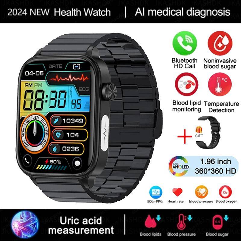 2024 Neue EKG + PPG Harnsäure Nicht-invasive Smartwatch Männer Bluetooth Anruf Herzfrequenz Blutdruck Smart Watch Frauen Silicone + bamboo steel schwarz von Joom DACH