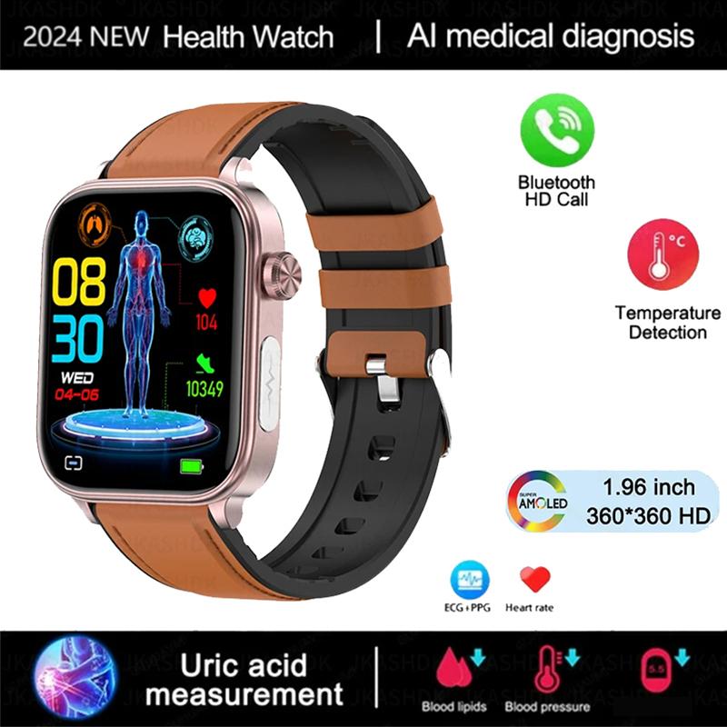 2024 Neue EKG + PPG Harnsäure Nicht-invasive Smartwatch Männer Bluetooth Anruf Herzfrequenz Blutdruck Smart Watch Frauen leather braun von Joom DACH