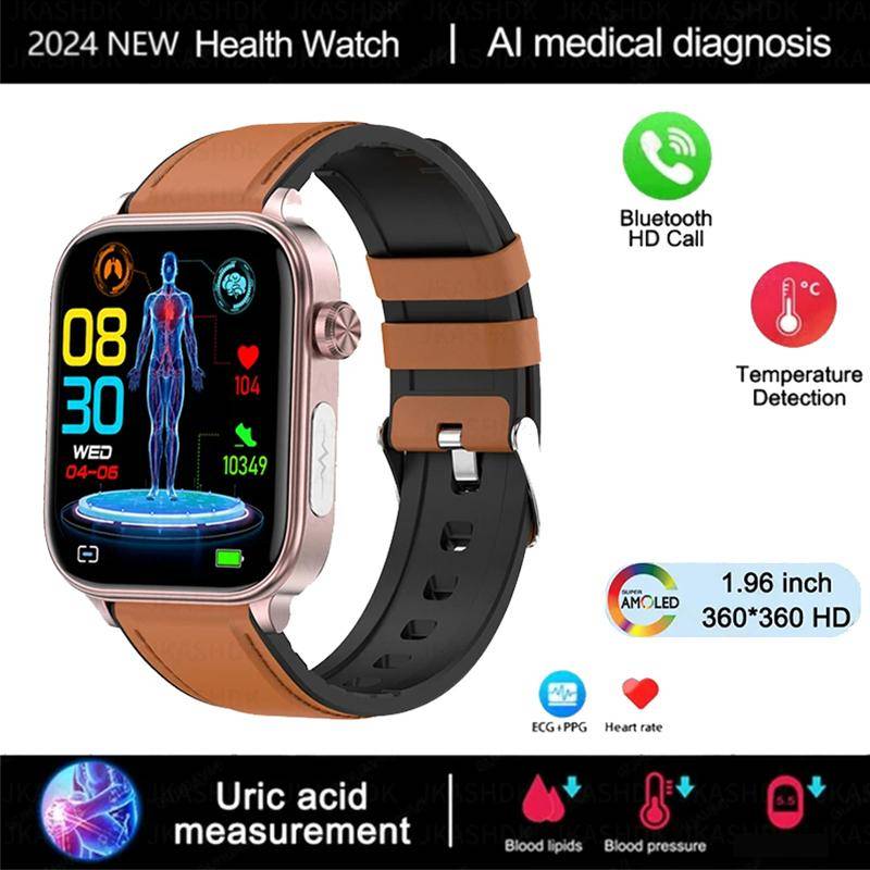 2024 Neue EKG + PPG Harnsäure Nicht-invasive Smartwatch Männer Bluetooth Anruf Herzfrequenz Blutdruck Smart Watch Frauen leather braun von Joom DACH