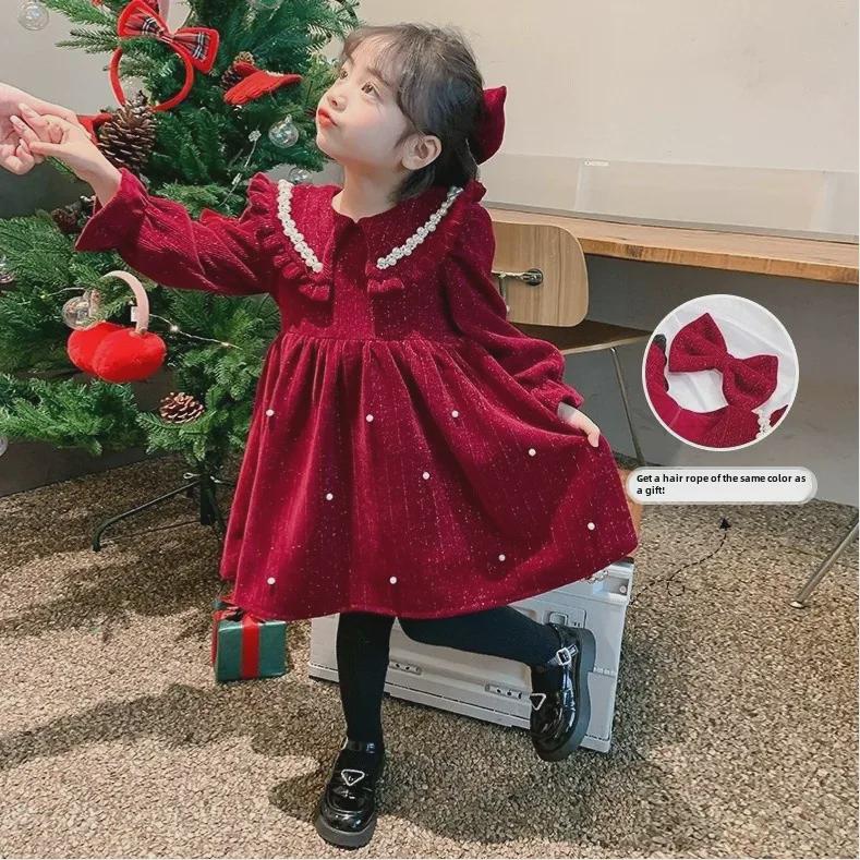 2024 Neues rotes Samt-Perlenkleid für Mädchen - Herbst/Winter-Kollektion 130 cm rot von Joom DACH