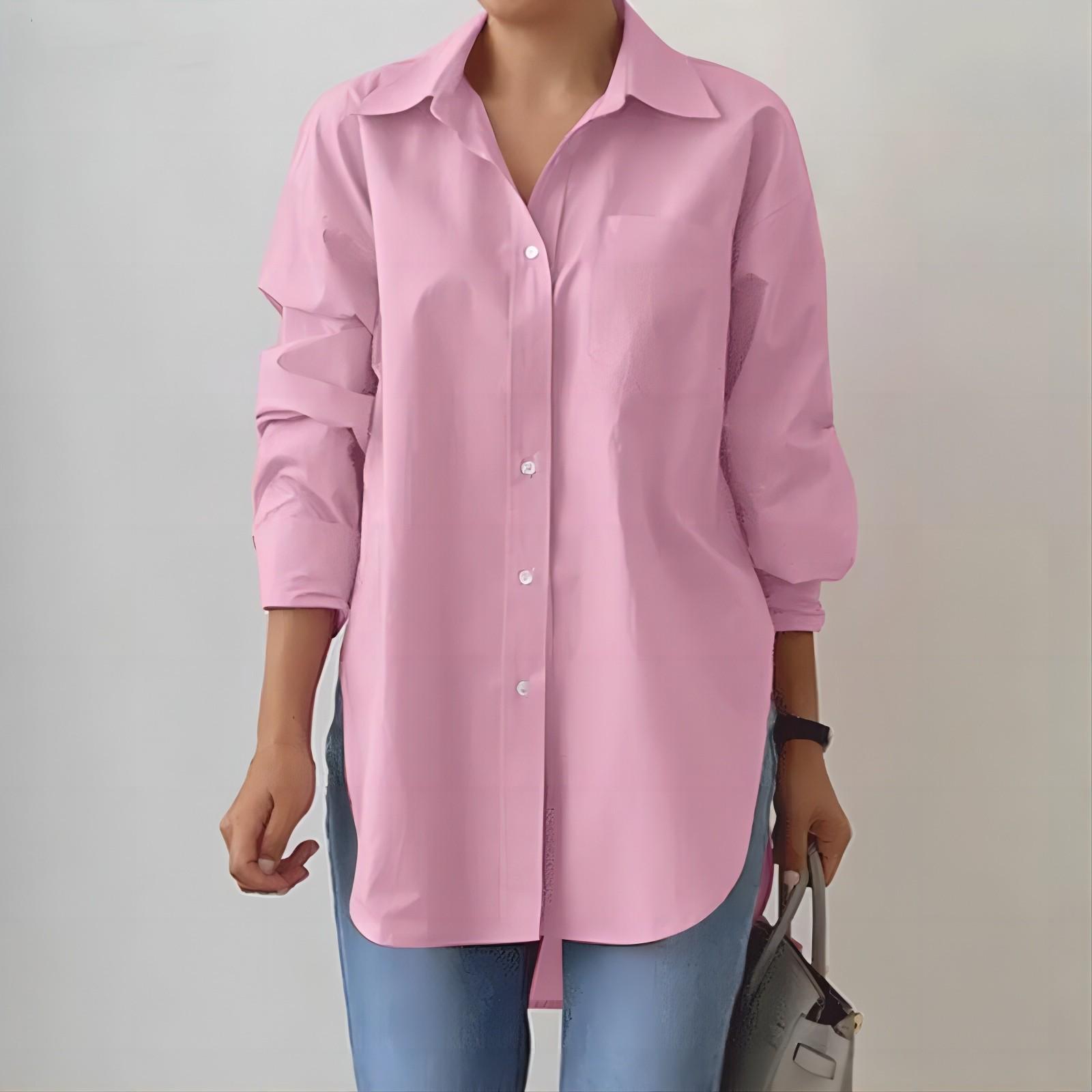 2024 Oversize-Revershemd für Damen – Elegantes Langarmshirt, einfarbig, geschlitzter Saum für Frühling und Herbst 4XL rosa von Joom DACH
