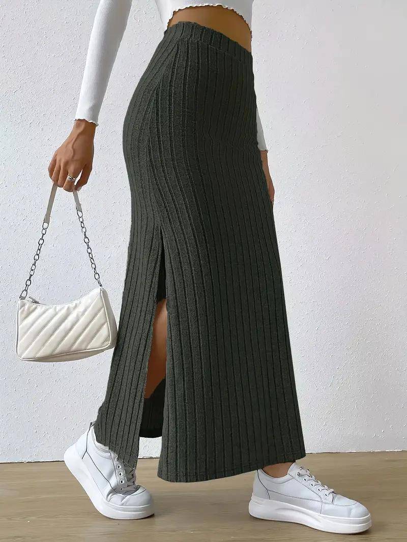 2024 Schmaler Strick-Maxirock mit hoher Taille und Seitenschlitz für Damen – Herbst-/Winterkollektion M schwarz von Joom DACH