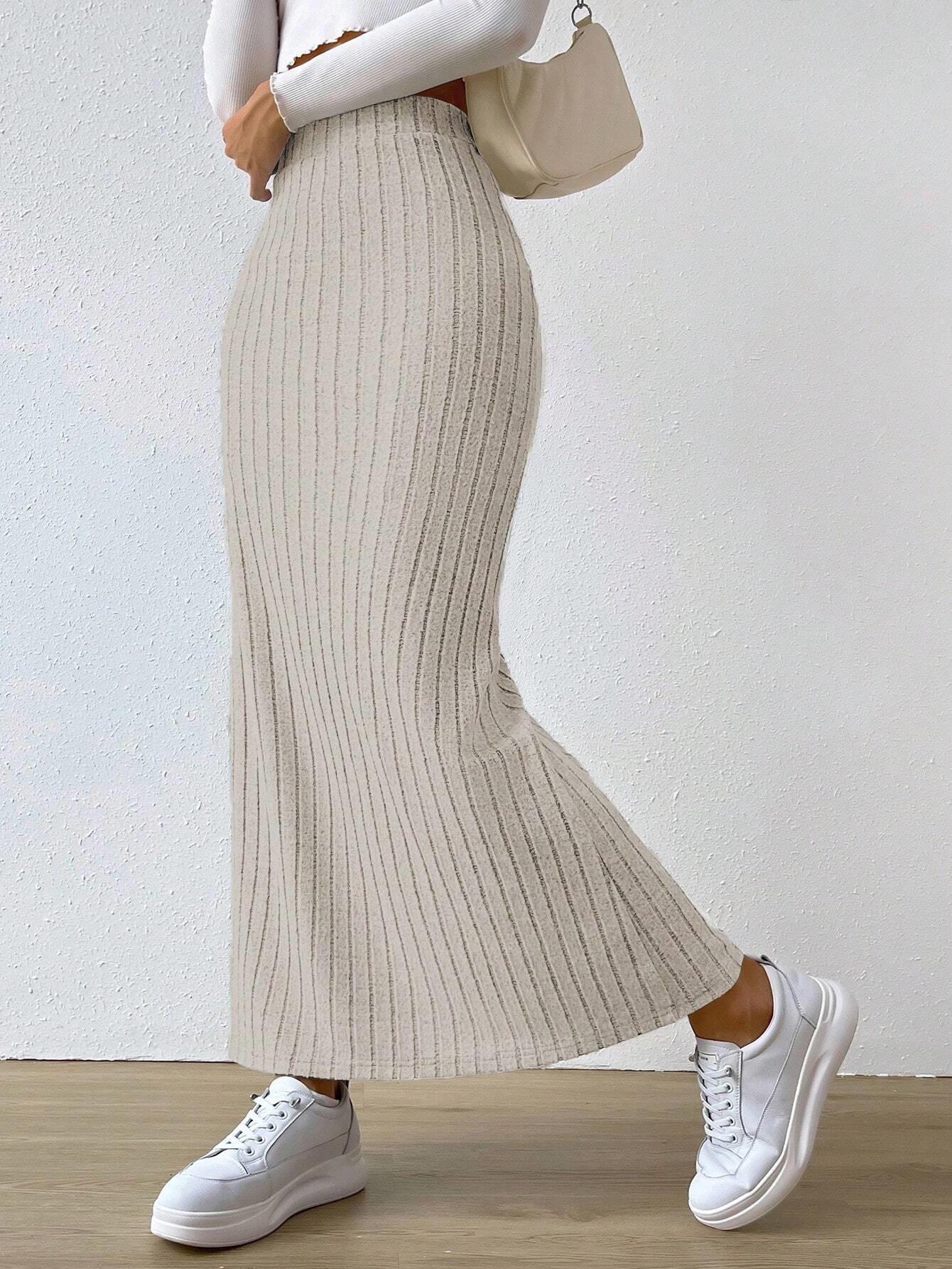 2024 Schmaler Strick-Maxirock mit hoher Taille und Seitenschlitz für Damen – Herbst-/Winterkollektion XXL apricot von Joom DACH
