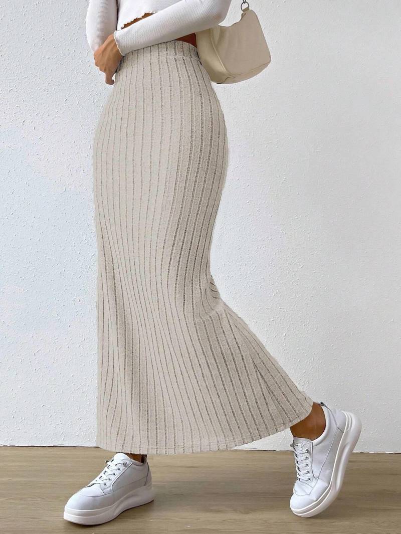 2024 Schmaler Strick-Maxirock mit hoher Taille und Seitenschlitz für Damen – Herbst-/Winterkollektion XXL apricot von Joom DACH