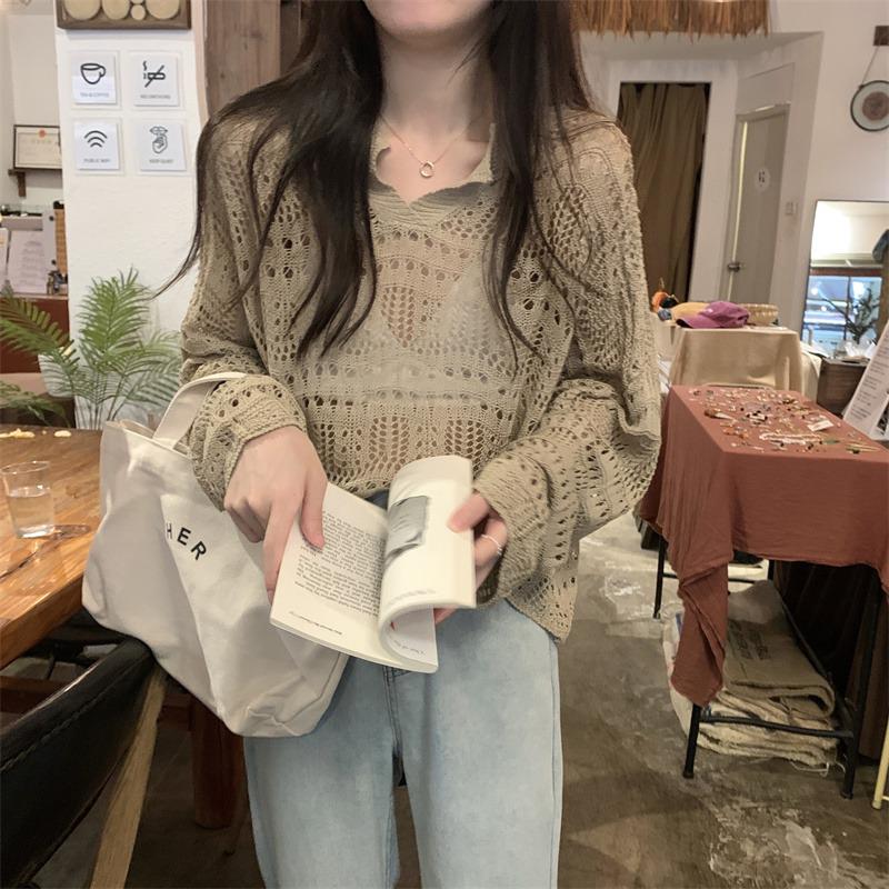 2024 Sommer-Cardigan mit Hohlstrick und hoher Taille für Damen – leichtes, sonnencremendes Langarm-Strickoberteil. One Size khaki von Joom DACH