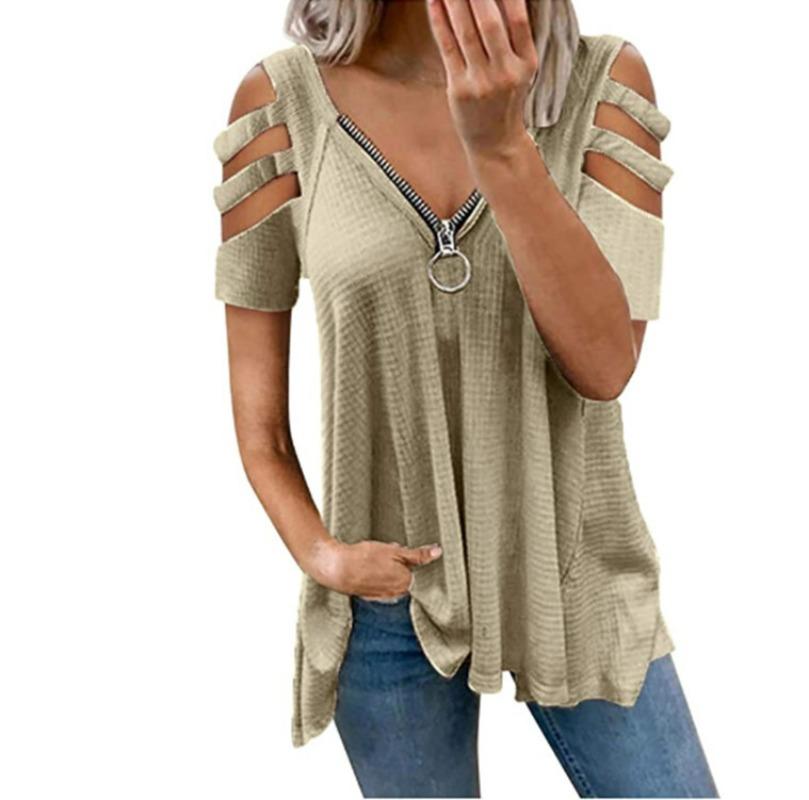 2024 Sommer Neue Mode Damen V-Ausschnitt Reißverschluss T-Shirt Kurzarm Schulterfrei Top Loses Hemd XL von Joom DACH
