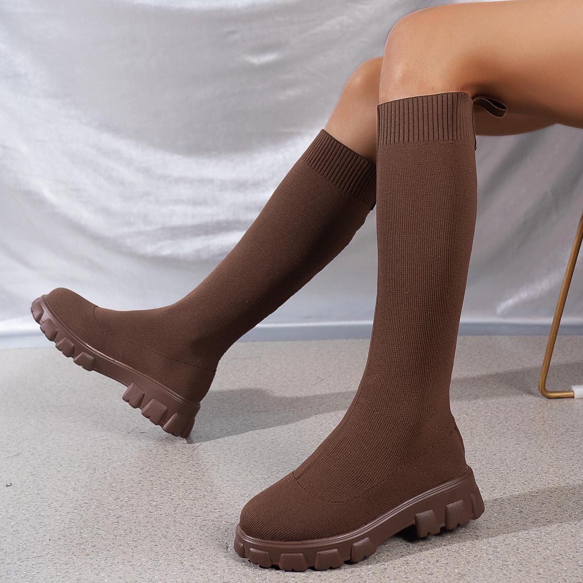 2024 Strick-Overknee-Stiefel mit dicker Sohle für Damen 2024 Elastische Socken-Schuhe Stiefel Über Knie Runde Zehenpartie Niedriger Absatz Botas De Mujer 2024 39 kaffeebraun von Joom DACH