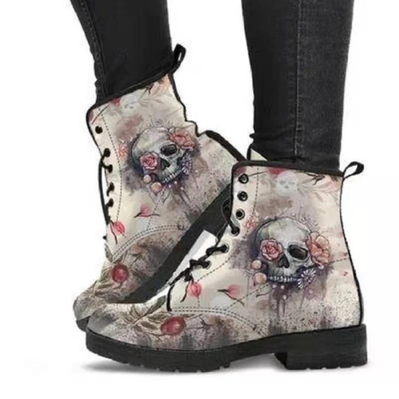 2024 Totenkopf Blumenmuster High-Top Sneakers Damen Stiefel Herbst Winter Mode Frau Stiefeletten Erwachsene Botas Mujer Übergröße 43 Goth 36 von Joom DACH