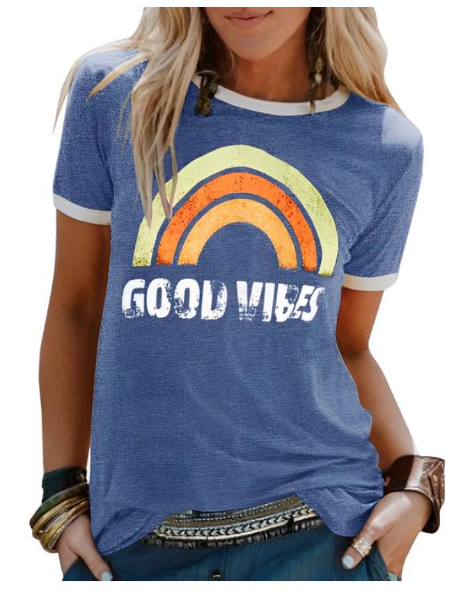 2024 Trendy Damen „Good Vibes“ Regenbogen-Print Rundhals Kurzarm-T-Shirt 2XL von Joom DACH