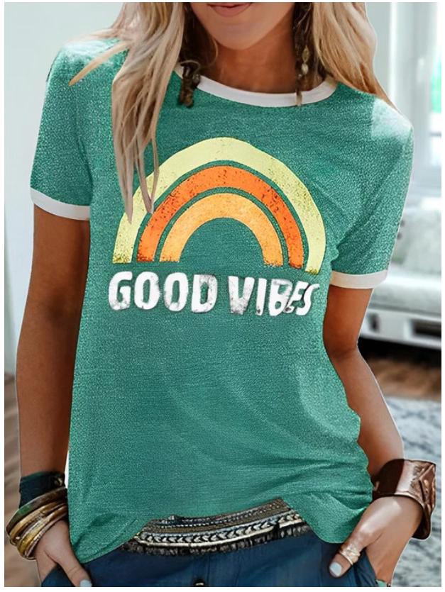 2024 Trendy Damen „Good Vibes“ Regenbogen-Print Rundhals Kurzarm-T-Shirt Medium meergrün von Joom DACH
