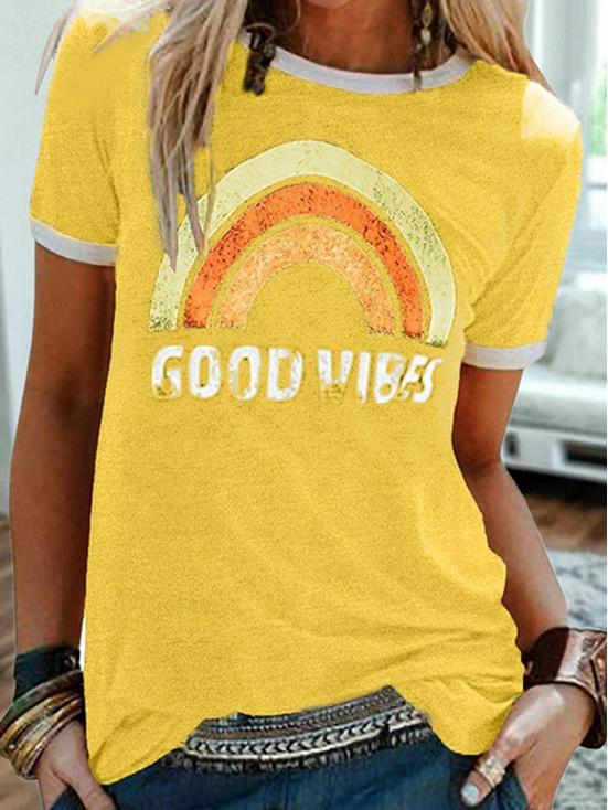 2024 Trendy Damen „Good Vibes“ Regenbogen-Print Rundhals Kurzarm-T-Shirt Medium gelb von Joom DACH