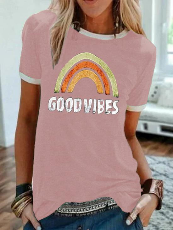 2024 Trendy Damen „Good Vibes“ Regenbogen-Print Rundhals Kurzarm-T-Shirt Medium von Joom DACH