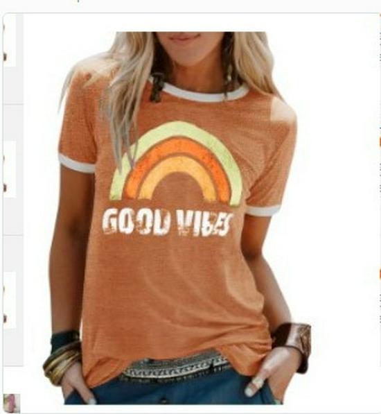 2024 Trendy Damen „Good Vibes“ Regenbogen-Print Rundhals Kurzarm-T-Shirt Medium von Joom DACH