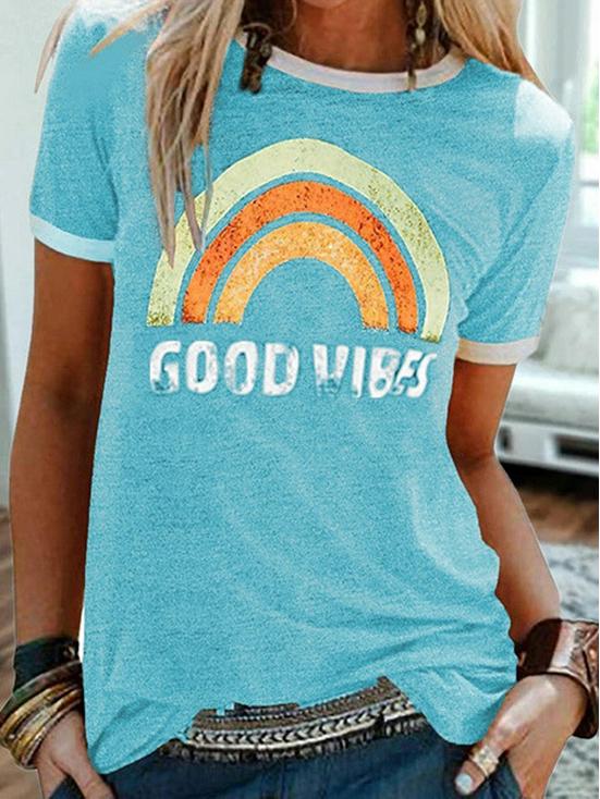 2024 Trendy Damen „Good Vibes“ Regenbogen-Print Rundhals Kurzarm-T-Shirt Small himmelblaue 2024 Trendy Damen „Good Vibes“ Regenbogen-Print Rundhals Kurzarm-T-Shirt Small himmelblaue von Joom DACH