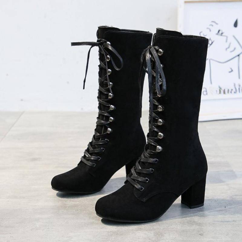 2024 Winter Damen Stiefel Schuhe 2024 Vintage Schnürstiefel Damen Runde Cowboy High Heels Booties Schuhe Frau Botas Mujer 39 schwarz von Joom DACH