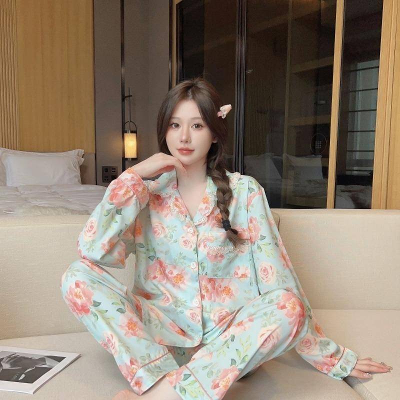 2024 frauen Neue Frühling Herbst Pyjama Sets Mädchen Eis Seide Dünne Langarm Hosen Schlaf Kleidung Freizeit Lose Hause Service anzug 2XL von Joom DACH