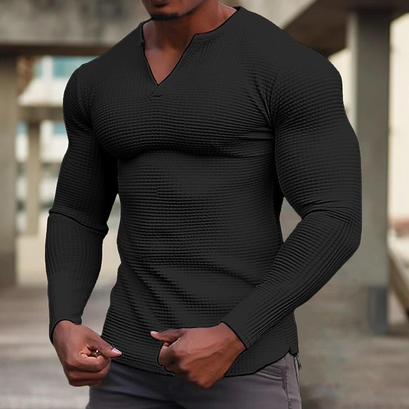2024 frühling Herbst Männer Casual Waffel T-shirt Kleidung Fitness Muscle T-shirt Langarm Solide V-ausschnitt Grundlegende Atmungsaktive Top M schwarz von Joom DACH