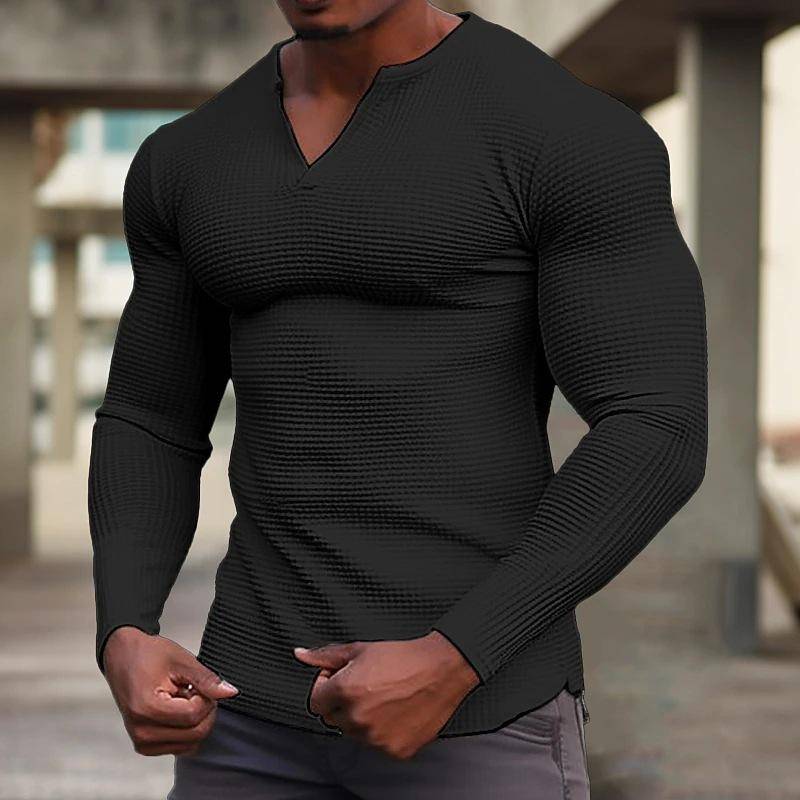 2024 frühling Herbst Männer Casual Waffel T-shirt Kleidung Fitness Muscle T-shirt Langarm Solide V-ausschnitt Grundlegende Atmungsaktive Top M schwarz von Joom DACH