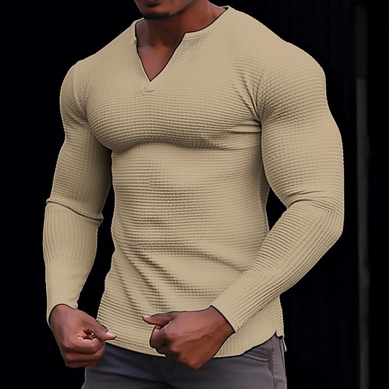 2024 frühling Herbst Männer Casual Waffel T-shirt Kleidung Fitness Muscle T-shirt Langarm Solide V-ausschnitt Grundlegende Atmungsaktive Top M khaki von Joom DACH