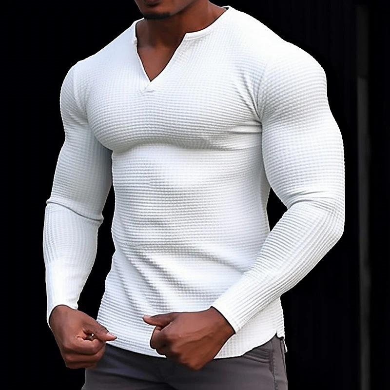 2024 frühling Herbst Männer Casual Waffel T-shirt Kleidung Fitness Muscle T-shirt Langarm Solide V-ausschnitt Grundlegende Atmungsaktive Top M weiß von Joom DACH