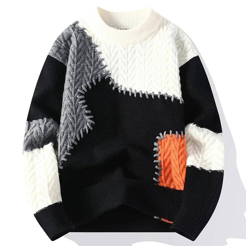 2024 herren Gestrickte Pullover Männer Mode Lässig Patchwork Pullover Herbst Winter Männer Dicke Warme Rundhals Gestrickte Männer Hohe-qualität Pullover XXXL schwarz von Joom DACH