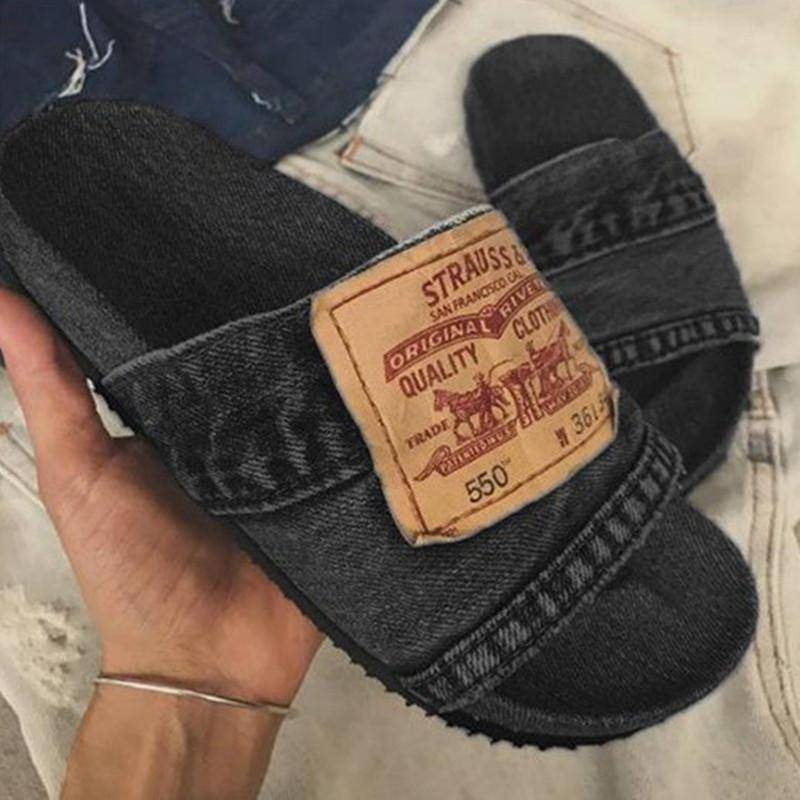 2024 mode Denim Slipper Weibliche Schuhe Non-slip Bequeme Sommer Flache Hausschuhe Frau Rutschen Outdoor-Strand Casual Schuhe Frauen 43 schwarz von Joom DACH