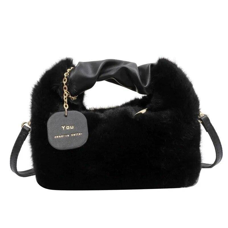 2024 mode Weichem Plüsch Halbmond Umhängetaschen für Frauen Designer Flauschigen Kunstpelz Dame Handtaschen Luxus Kleine Tote Weibliche Winter geldbörsen schwarz von Joom DACH