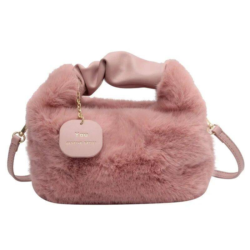 2024 mode Weichem Plüsch Halbmond Umhängetaschen für Frauen Designer Flauschigen Kunstpelz Dame Handtaschen Luxus Kleine Tote Weibliche Winter geldbörsen rosa von Joom DACH