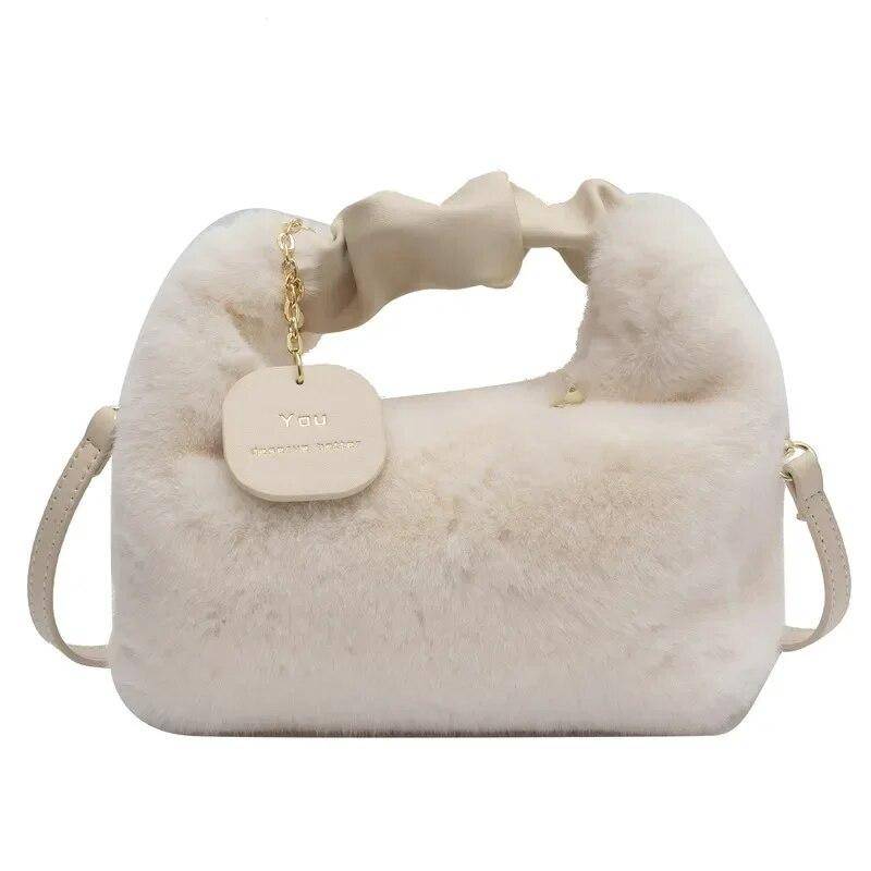 2024 mode Weichem Plüsch Halbmond Umhängetaschen für Frauen Designer Flauschigen Kunstpelz Dame Handtaschen Luxus Kleine Tote Weibliche Winter geldbörsen weiß von Joom DACH