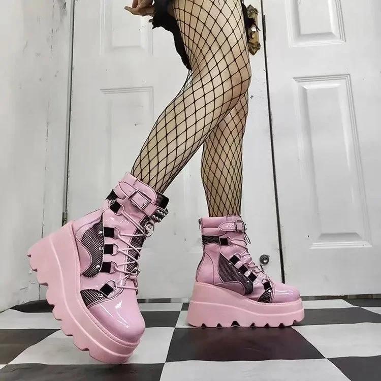 2024 neue Frauen Punk Gothic Motorrad Stiefel 2024 Plattform Chunky High Heel Ankle Boot Damen Kühlen Keil Frau Schwarze Weibliche Schuhe 41 rosa von Joom DACH