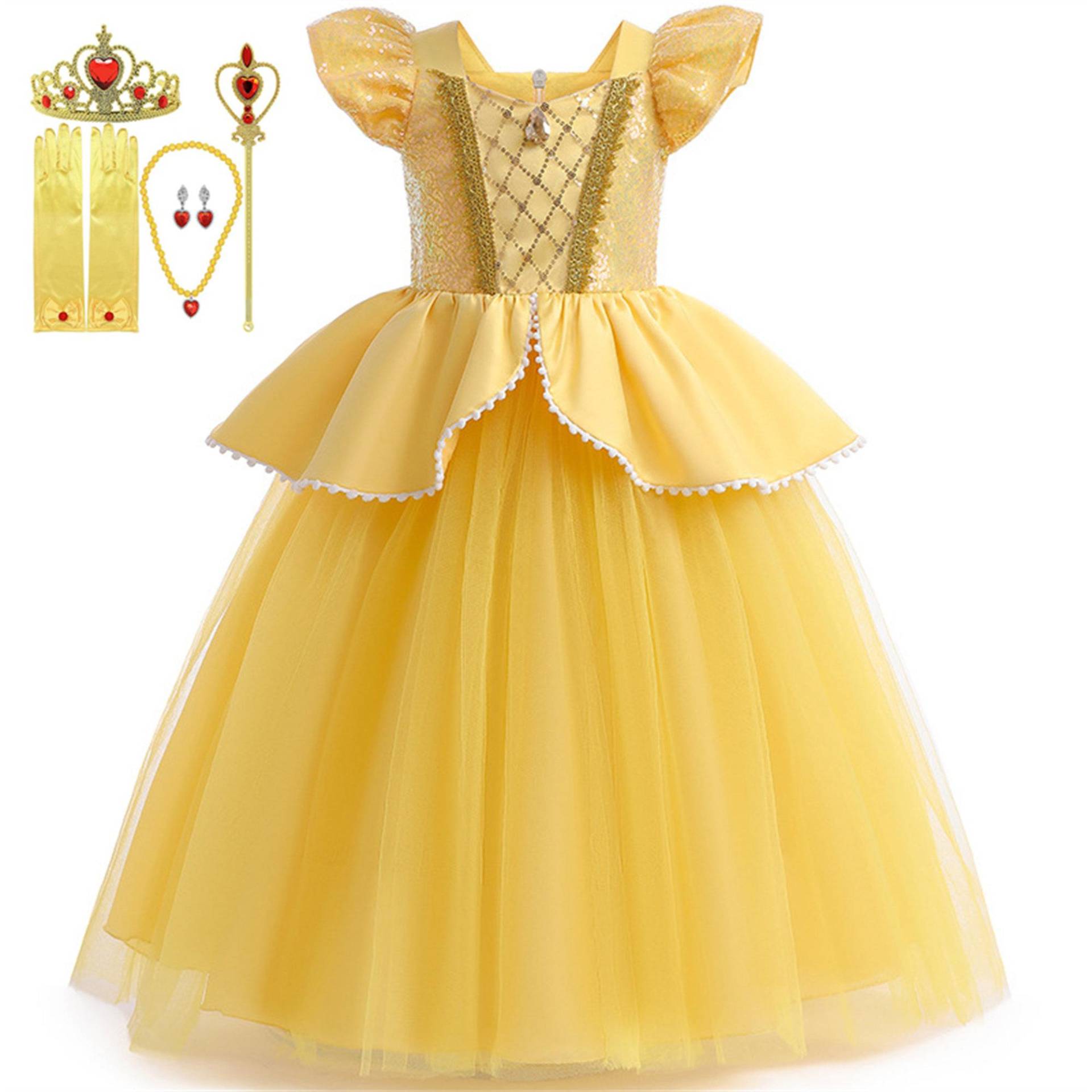 2024 neue Mädchen Kleid Party Kleid Spitze Pailletten Kleider Kinder Sommer Fulffy Elegante Kleid Kinder Outfits Halloween Kostüm mit Zubehör 110 gelb von Joom DACH