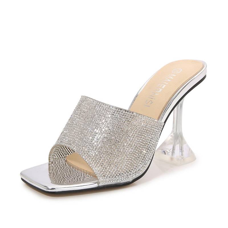 2024 neue Silber Kristall Karree Frauen Hausschuhe Sommer Sandalen Mode Metall Seltsame High Heel Party Weibliche Schuhe Maultiere Rutschen 35 silber von Joom DACH