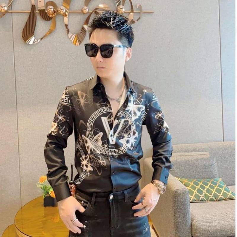 2024 neue Sommer Elegante Mode Gothic Lose Beiläufige Hübscher männer Hemd Männer Tragen Print Button V-ausschnitt Langarm chic Tops 4XL schwarz von Joom DACH